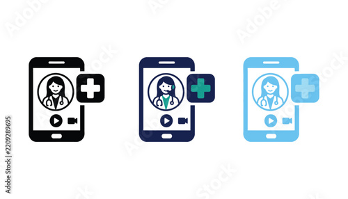 Telehealth online medical consultation service icon set