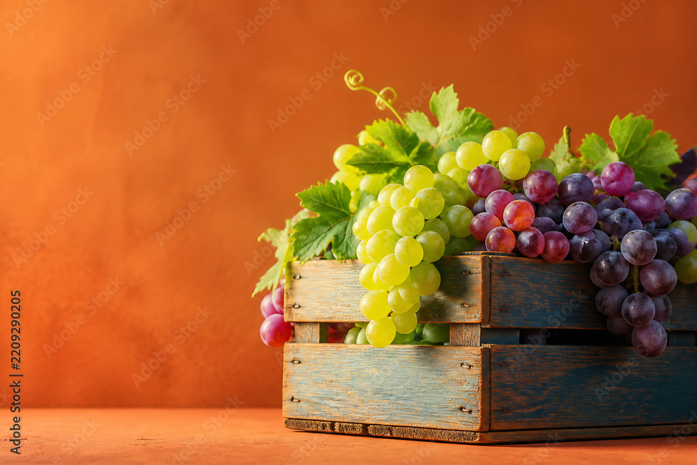 Obraz premium A wooden crate overflowing with colorful grapes and green leaves sits on a wooden surface against an orange background.