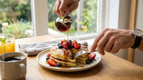 Breakfast celebration with pancakes and berries in bright kitchen setting with natural light