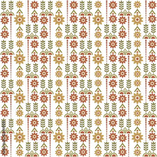 Earthy Folk Art Floral Stripe Seamless Pattern Design