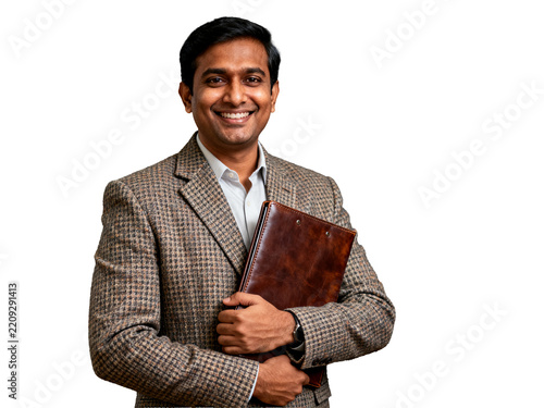 Indian professional, confident, warm smile, textured brown tweed blazer, sleek dark leather portfolio, isolated transparent background