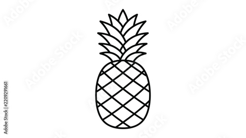 Pineapple Outline Illustration: A simple and clean black and white line drawing of a whole pineapple, showcasing its distinctive segmented skin and leafy crown.