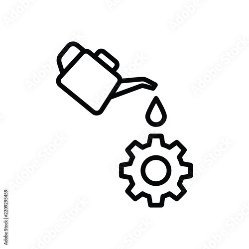 Oil can pouring on gear line icon vector, maintenance lubrication and mechanical repair