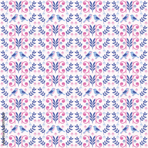 Whimsical Folk Art Birds and Monogram Floral Seamless Pattern