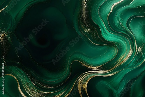 Luxury emerald green marble texture with liquid fluid swirls and gold glitter veins