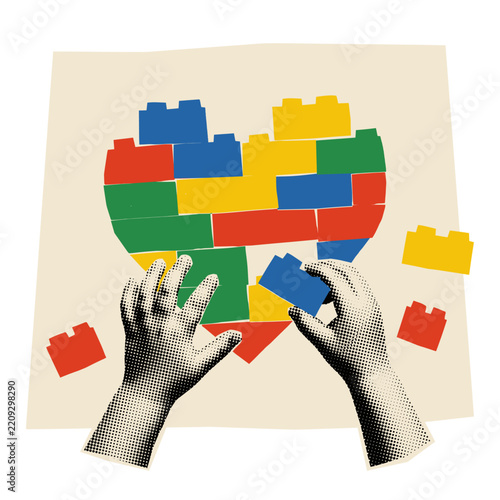 child's hands building a colorful heart from toy building blocks retro collage style illustration
