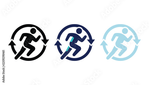 Set of running man icons with recycle arrows in different color variations for fitness and health concepts