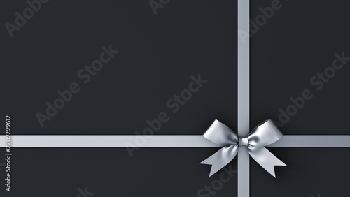 Silver gift ribbon and bow on black background with shadow and blank copy space top view of gift present box style concepts 3D rendering