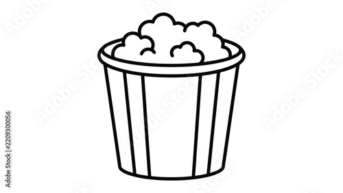 Popcorn Bucket Outline: A simple, hand-drawn outline of a popcorn bucket filled with fluffy popcorn, perfect for movie nights or snack-themed designs.