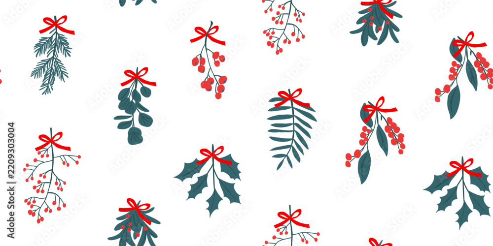 Obraz premium Festive Christmas botanical seamless pattern with delicate hanging greenery branches tied with red bows on a white background. Airy Scandinavian holiday design in classic red and green