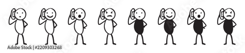hand drawn stick figure with hand on hip and talking on the phone. calling. conversation.
