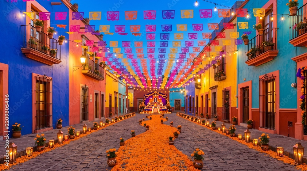 Fototapeta premium day of the dead decorated street with marigold petals, papel picado flags, candles and altar in mexico celebration