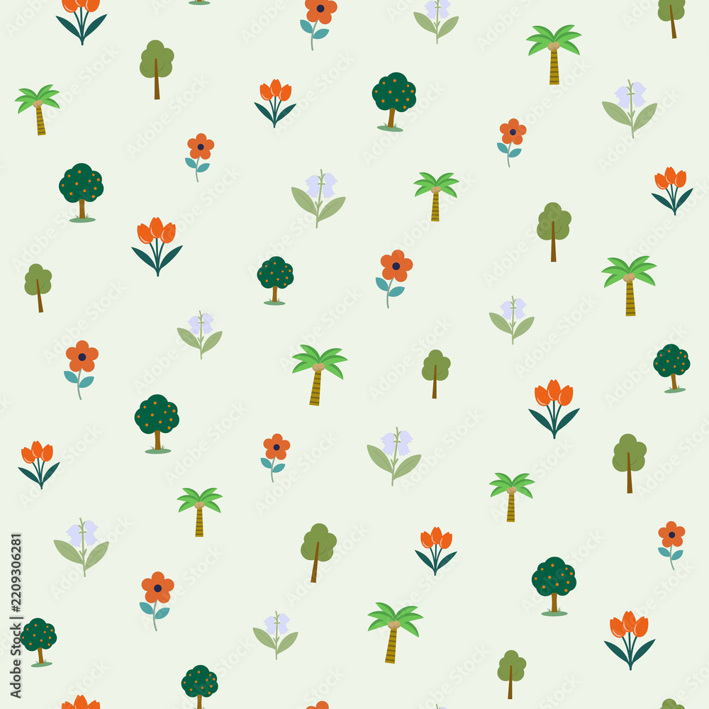 Fototapeta premium Stylized Trees and Flowers Pattern