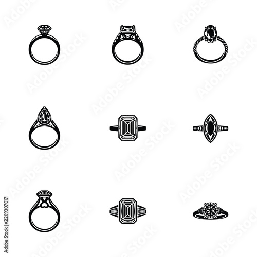 Ring icon set displaying various diamond engagement jewelry