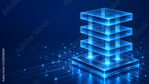 Glowing blue three-dimensional stacked data layers over a circuit board representing cloud computing architecture and server storage infrastructure