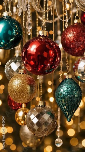 Hanging christmas ornaments and glittering baubles with gold bokeh lights. festive red, green and gold holiday decorations closeup.