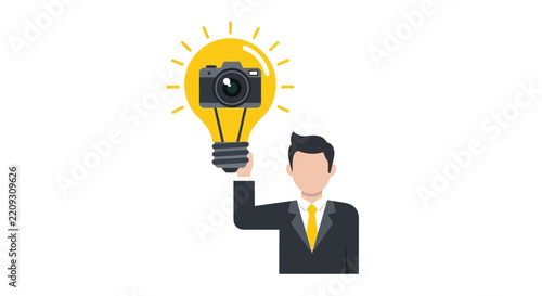 Creative Photography Concept: Professional Holding a Glowing Light Bulb with Camera Icon, Symbolizing Visual Inspiration, Innovation, and Content Creation Ideas