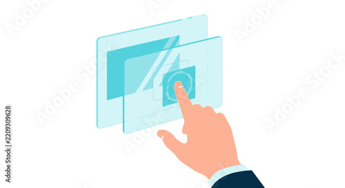 Businessman Interacting with Futuristic Digital Interface and Holographic Screens, Advanced Technology and Innovation Concept