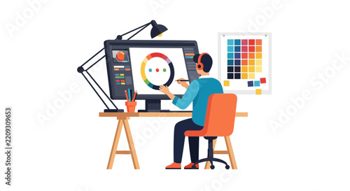 Graphic Designer Working at Creative Workspace with Computer Monitor, Digital Artist Creating Brand Identity, Flat Vector Illustration of Professional Studio Desk