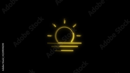 Bright yellow neon glowing line art animation representing a rising or setting sun over water waves, perfect for summer, weather, and sunrise video themes.