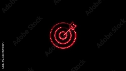 Vibrant red neon line art animation featuring a dart hitting the center of a target board, symbolizing success, achievement, and business goals in video.