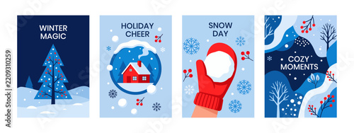 Winter Greeting Cards Vector Set with Snow, Christmas Tree, and Cozy Holiday House Designs