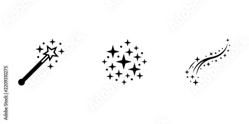 A collection of black and white stars and sparkles flat icon bundle for creative design projects