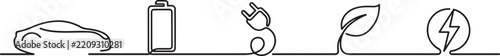 Continuous One Line Drawing Electric Car Icons Concept, Electric Vehicle, Battery, Charging, Eco Friendly. one line art icon drawing