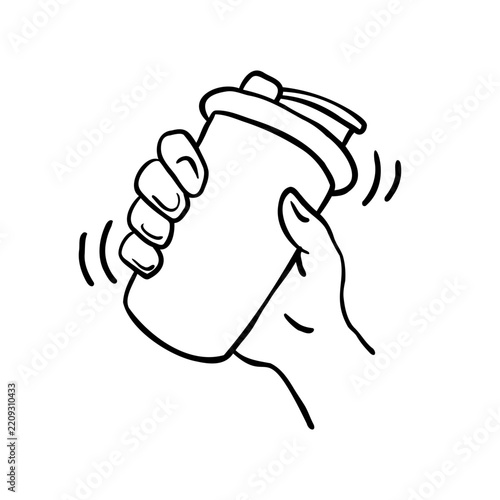 Hand shaking a protein shaker bottle for gym workout nutrition preparation.