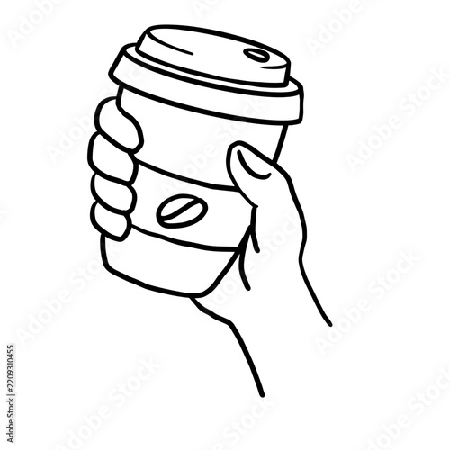 Minimalist line art illustration of a hand holding a take away coffee cup with bean icon