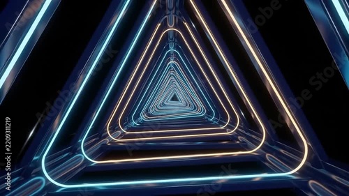 Flying Through Futuristic Neon Triangular Tunnel with Glowing Blue and Orange Lights