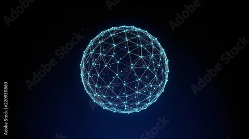 Dynamic Digital Network Plexus Sphere with Glowing Connections and Data Flow on Dark Background