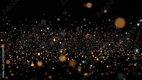 Golden Shimmering Particles Flowing and Settling Down on a Dark Black Background