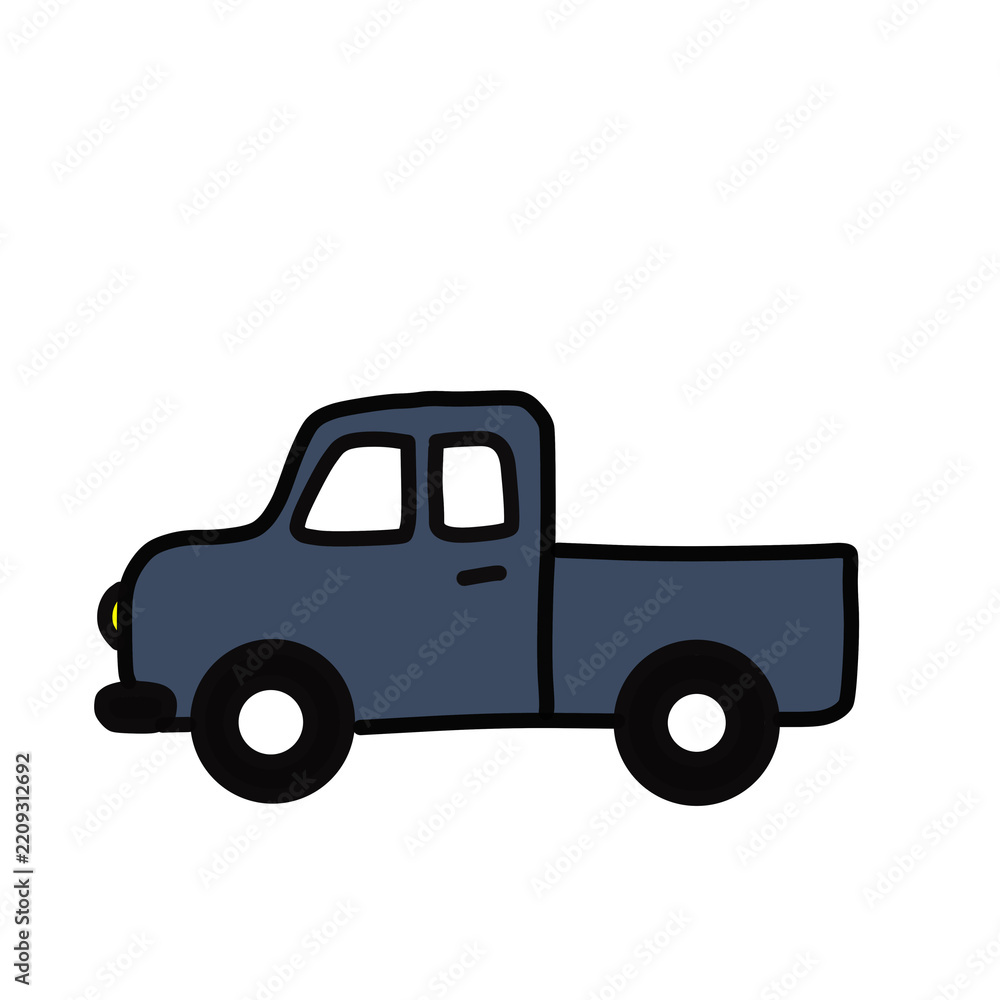 Fototapeta premium Cute Navy Blue Pickup Truck Doodle - Hand Drawn Pickup Side View Left