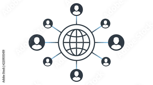 Global networking illustration featuring diverse silhouettes connected to a central world map sphere