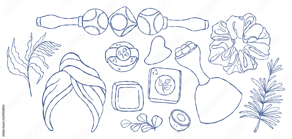 Obraz premium Home Eco Spa Bathroom Set. Wooden Massage Tools, Gua Sha, Solid Shampoo, Hair Turban Towel, Scrunchie and Natural Soap. Botanical Skincare Routine. Isolated Vector Blue Line Art Hand Drawn Doodle
