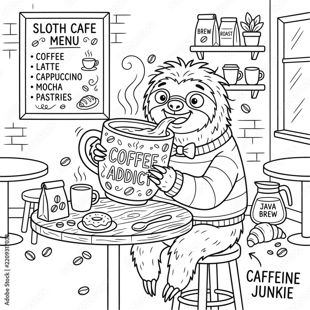 Obraz premium Cute Sloth Enjoying Coffee in a Cozy Cafe, Hand Drawn Cartoon Animal Illustration with Coffee Mug and Cafe Interior