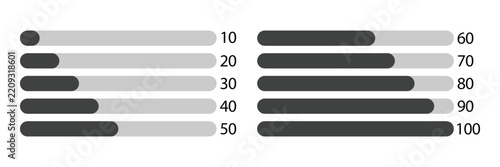 Percentage Progress Bar Set from 10 to 100 Percent, Loading and Status Indicators. Vector Illustration