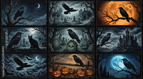 A collection of spooky halloween scenes featuring ravens cats pumpkins and eerie night landscapes