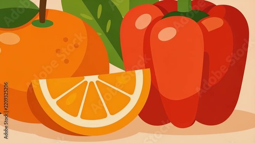 Still life of fresh vegetables and citrus: carrot, orange and red bell pepper with an orange slice and green leaves illustration