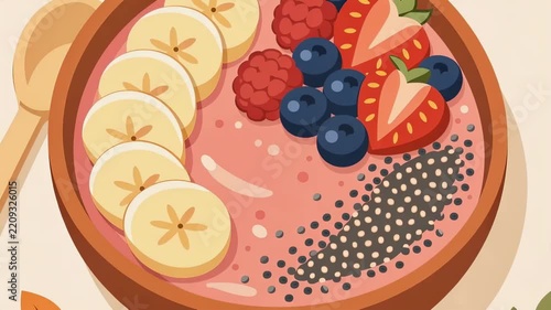 Top view of a colorful smoothie bowl with banana slices, strawberries, blueberries, raspberries and chia seeds next to a wooden spoon