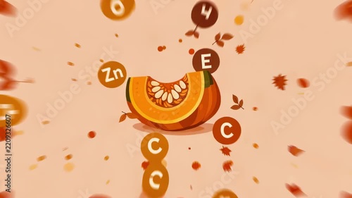 Autumn pumpkin slice with seeds surrounded by floating vitamin and mineral icons (c, e, zn) and falling leaves health and seasonal concept