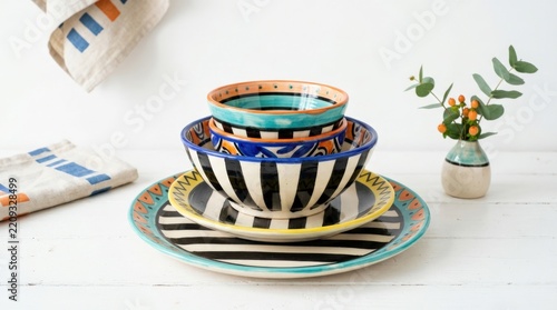 Stack of hand-painted ceramic bowls and plates with bold black stripes and colorful rims, contemporary homeware still-life photography, white background with turquoise and orange accents, graphic