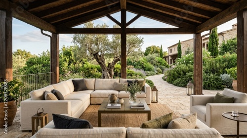 Elegant covered terrace furnished with cream lounge seating beneath a dark timber roof, luxury hospitality architectural photography, mature sculptural tree and lush greenery outside, warm natural