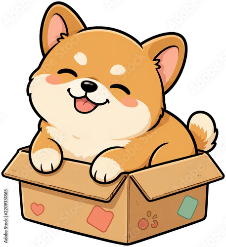 A mischievous dog is sitting in a cardboard box.