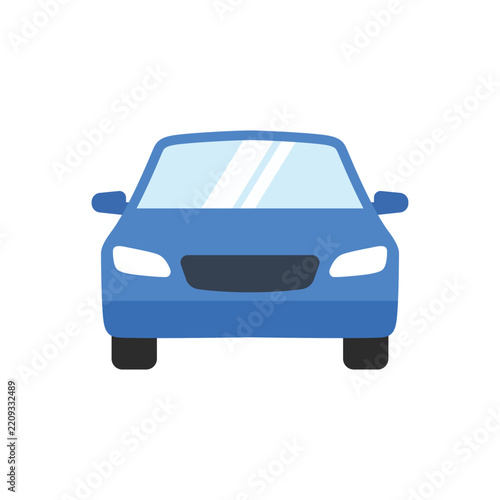 Blue car front view vector icon. Flat design illustration of modern sedan automobile vehicle isolated on white background