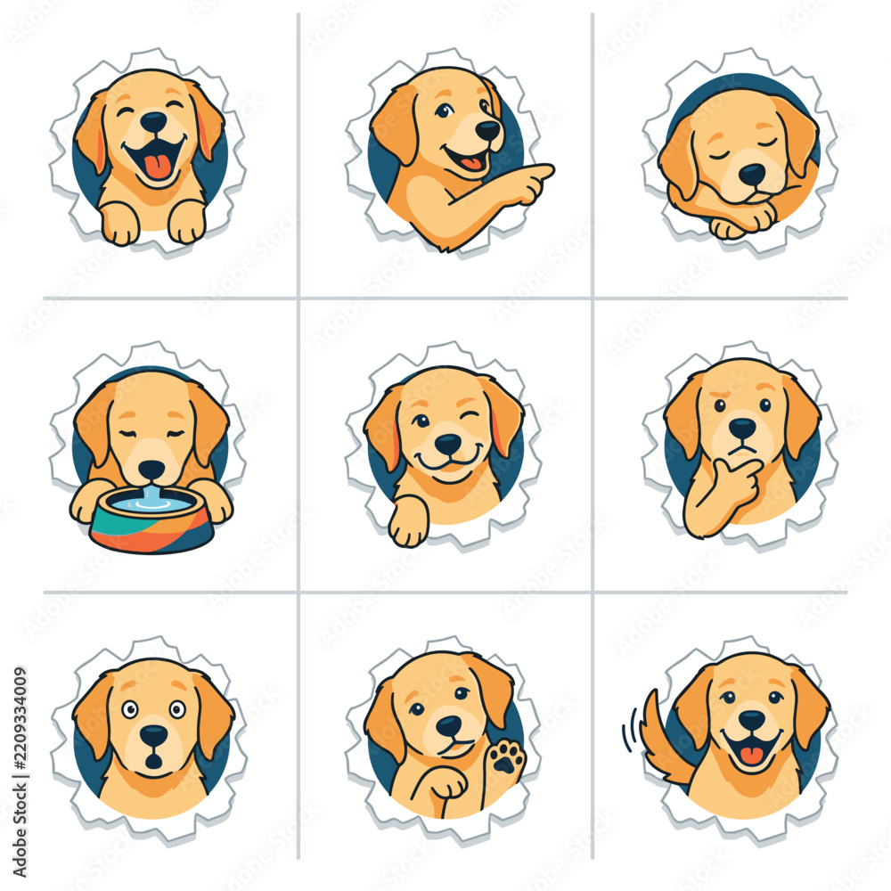 Obraz premium Cute golden retriever puppy vector characters showing various emotions through torn paper holes