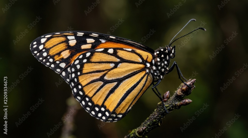 Obraz premium Macro photograph of an orange-and-black butterfly in side profile against a dark background, sharply detailed wing scales and antennae, soft bokeh, rich amber, white and black markings, wildlife,