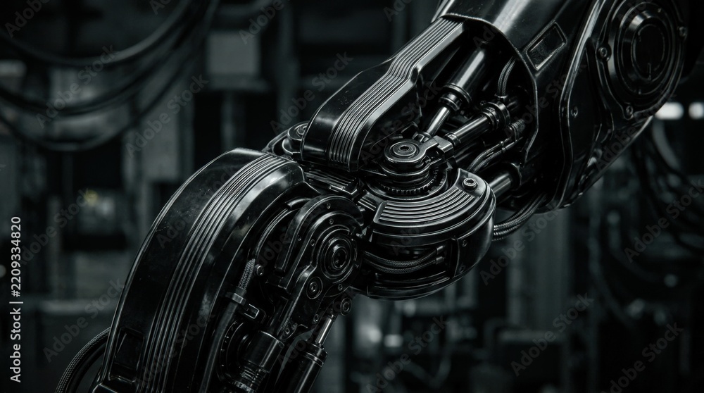 Fototapeta premium Close-up of a glossy black robotic mechanism with layered articulated parts and fine metallic ridges, cinematic macro CGI, monochrome palette, polished carbon-black surfaces, narrow highlights,