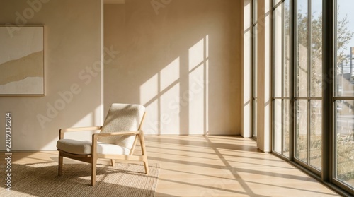 Single modern lounge chair in a nearly empty warm beige room, sunlight pouring through a tall window and creating long geometric shadows, minimalist architectural photography, cream, sand and pale